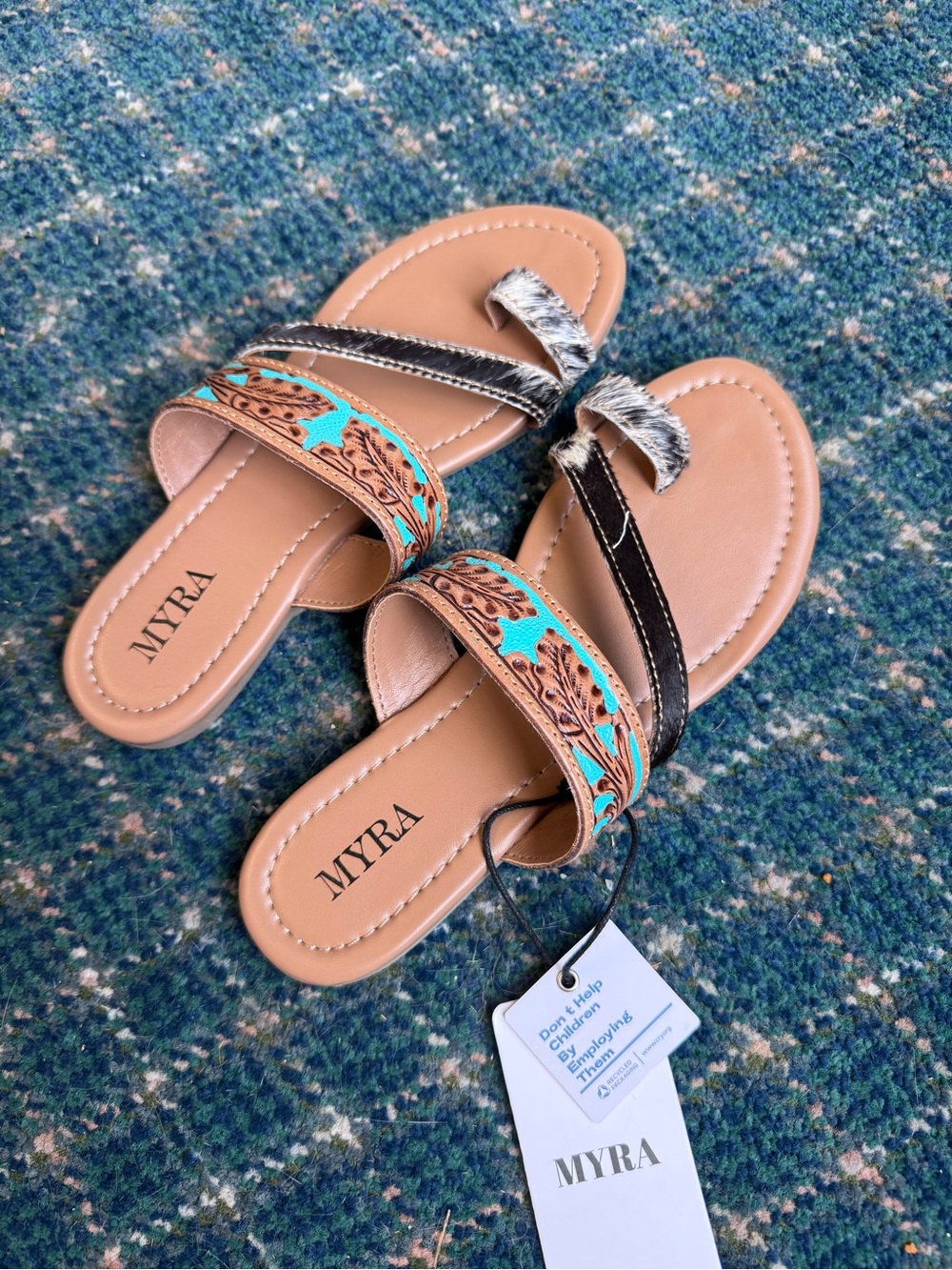 Myra Bag Turquoise & cowhide Embroidered Slide Sandals with Black Accent